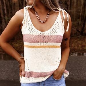 White Striped Colorblock Textured Knit Tank